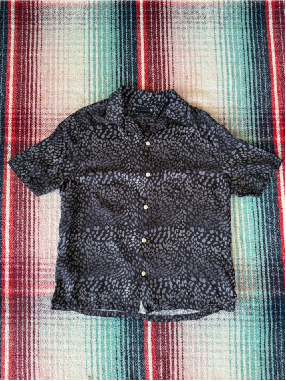Men's ALLSAINTS Casual Button Down Shirt M Black Gray Snake Print